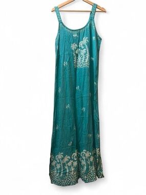 Sleeveless Teal Maxi Dress with White Tropical Print